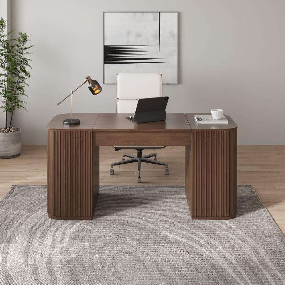 Modern Walnut Standing Computer Desk & Upholstered Swivel Task Chair Set (59.8" ) window image