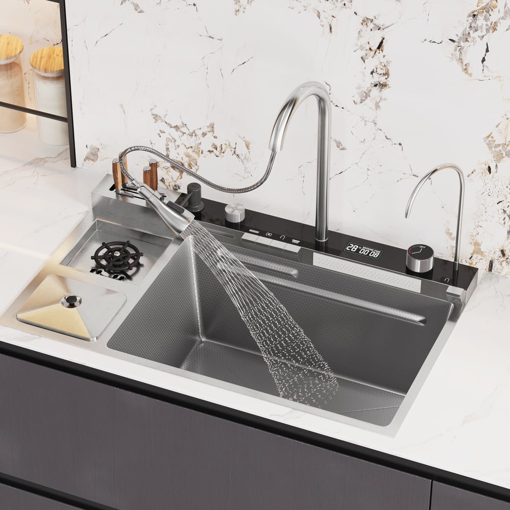 Évier de cuisine multifonction en acier inoxydable 820 mm x 480 mm avec robinet extractible image de fenêtre