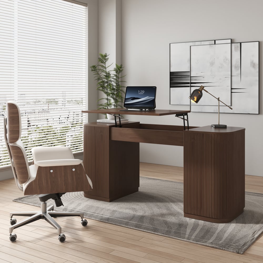Modern Walnut Standing Computer Desk & Upholstered Swivel Task Chair Set (59.8" ) window image