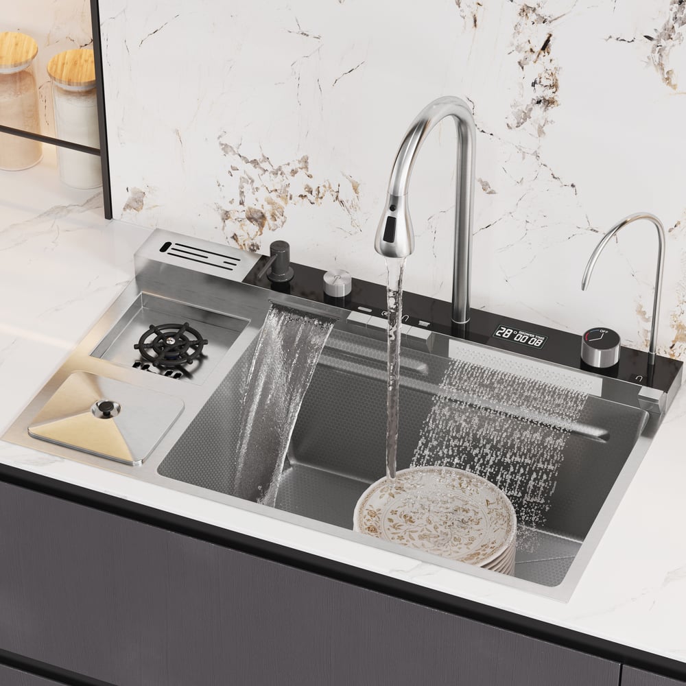 Évier de cuisine multifonction en acier inoxydable 820 mm x 480 mm avec robinet extractible image de fenêtre