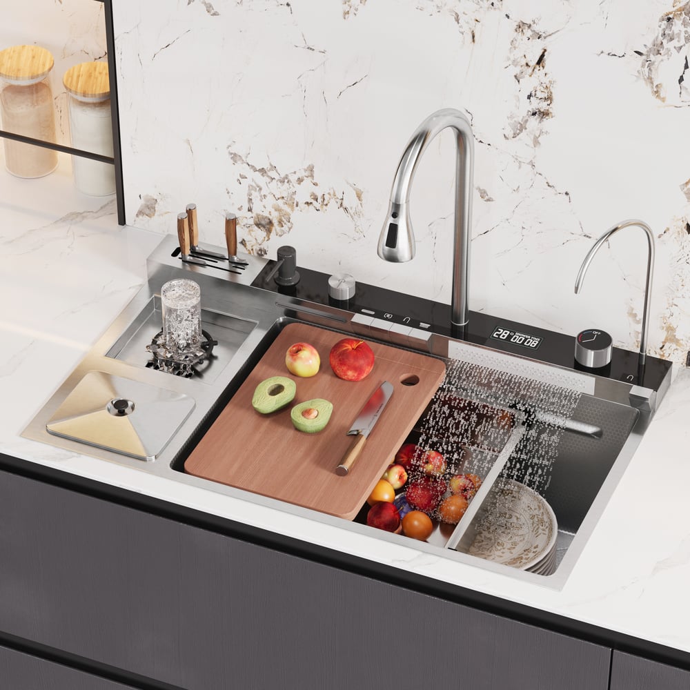 Évier de cuisine multifonction en acier inoxydable 820 mm x 480 mm avec robinet extractible image de fenêtre