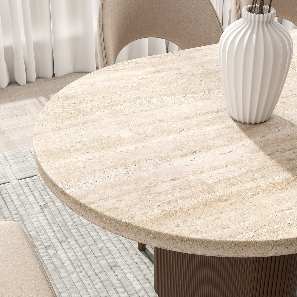79"-94" Oval Extendable Dining Table Matte Travertine Seats 6-8 People window image