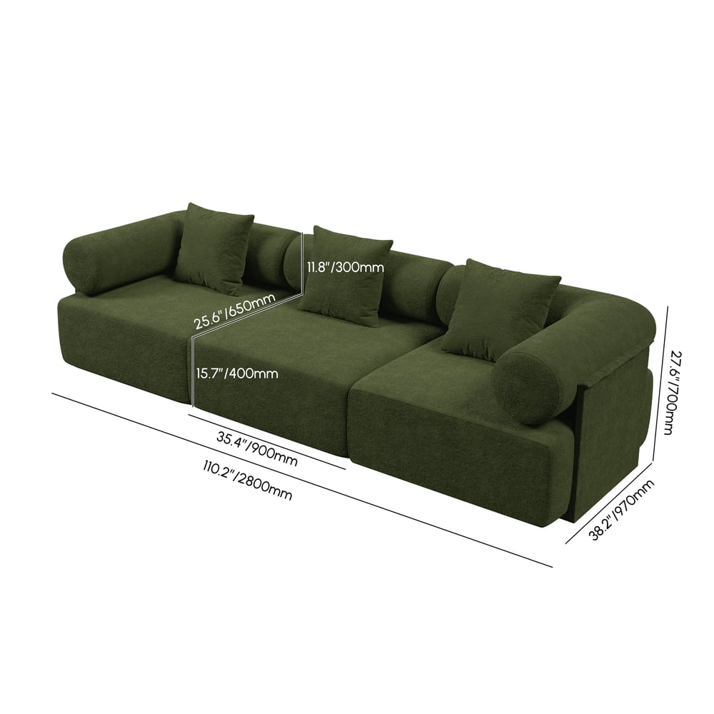 Serene 2800 Modern 3-Piece Modular Green Chenille Velvet 3-Seater Sofa weights dimensions image