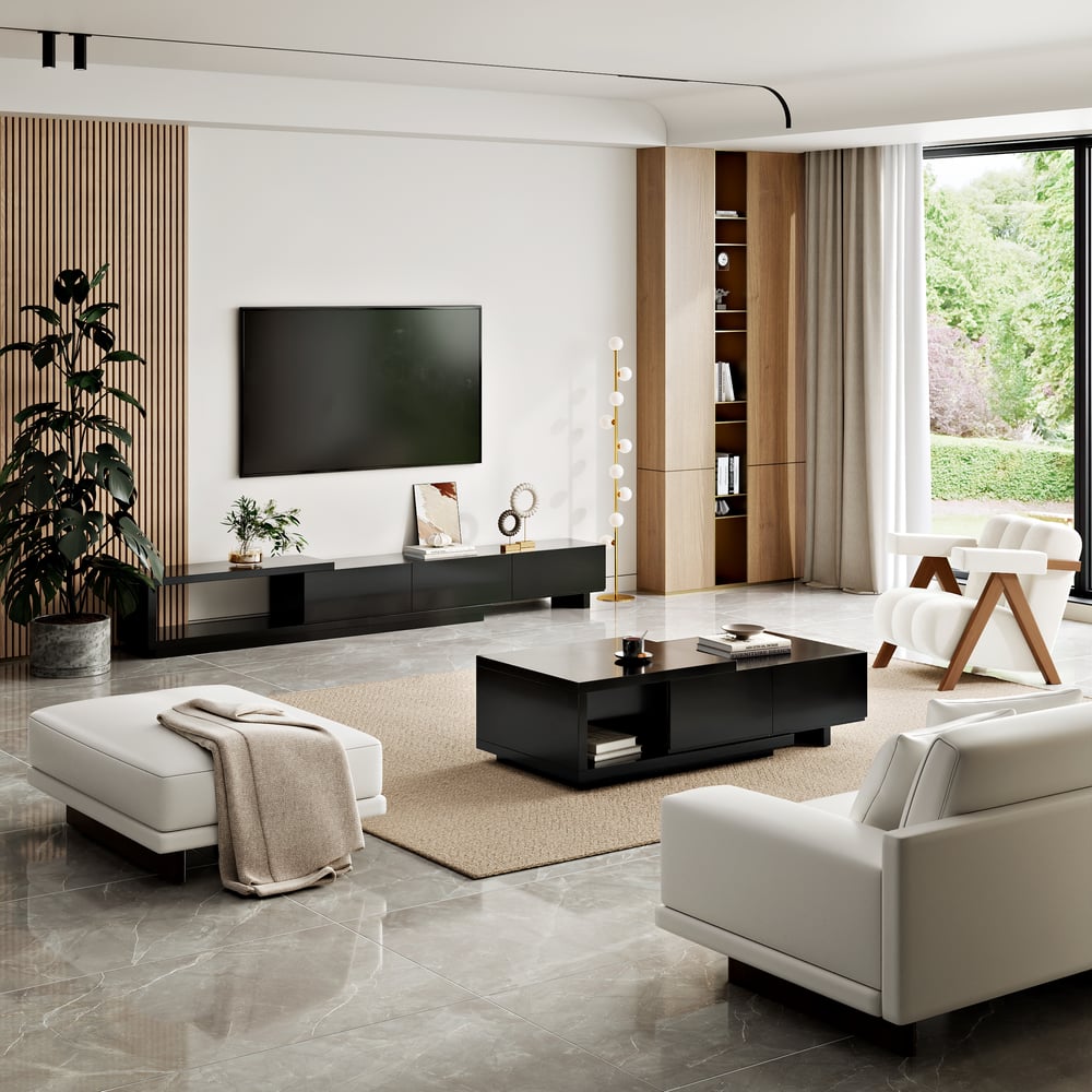 47"-69" Quoint Black Extendable Coffee Table with 2 Drawers window image