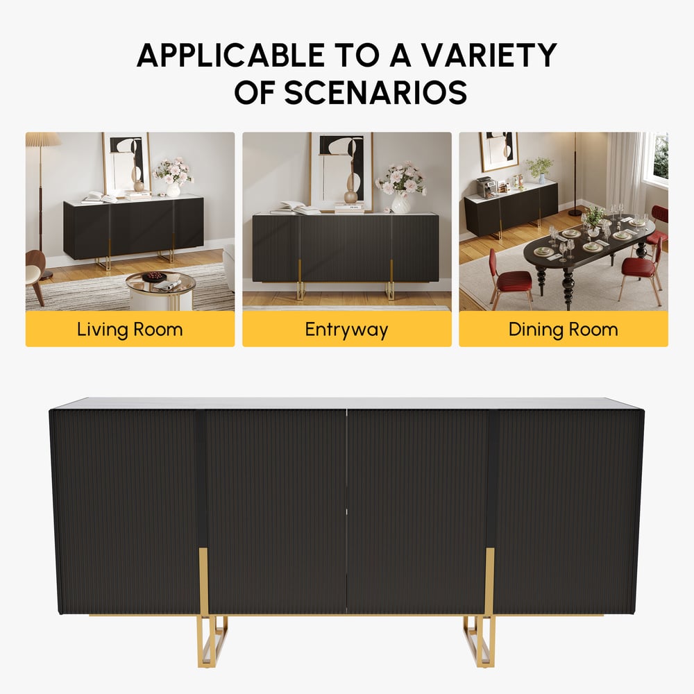 Grovyn 1600mm Buffet Sideboard Sintered Stone Top Black Fluted with Adjustable Shelves window image