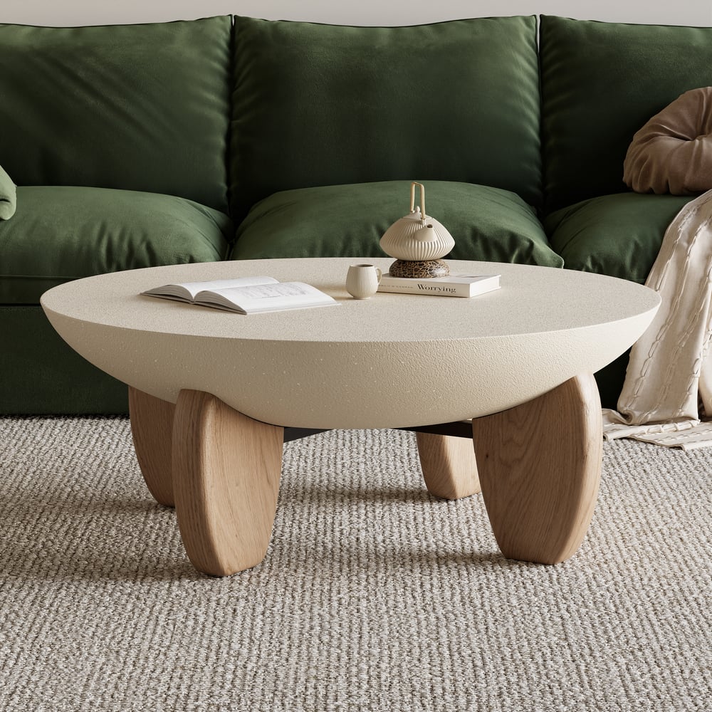 Curva Round Concrete Natural Coffee Table with Wood Legs window image