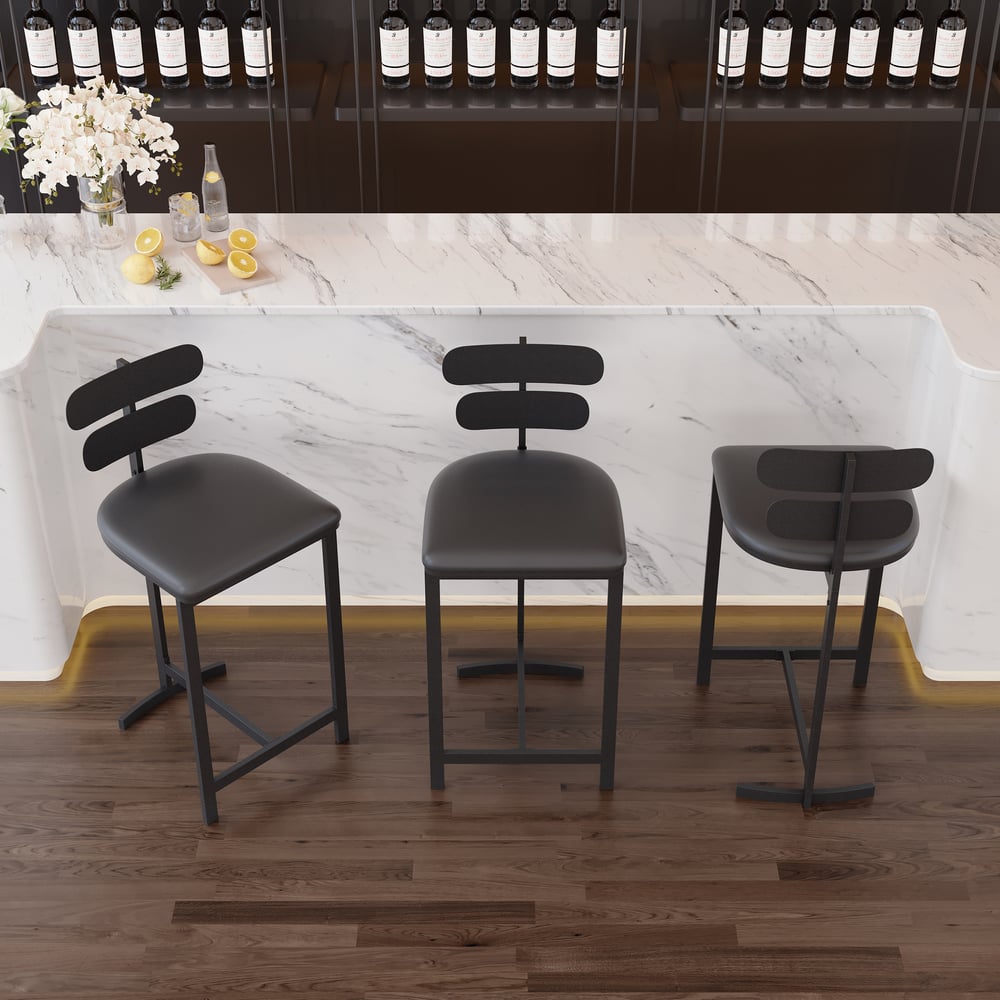 Bancos de balcão pretos modernos de couro PU com encosto, banquinho de cozinha para café da manhã Imagem da janela