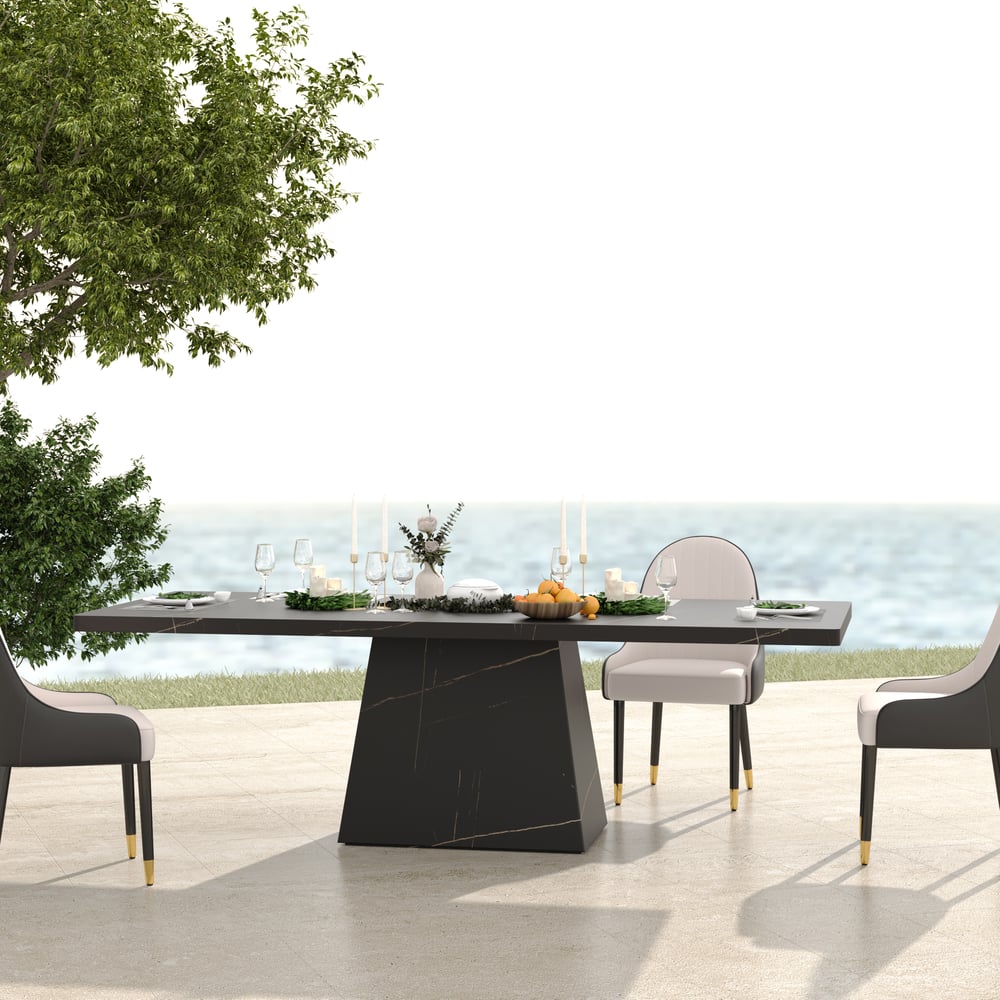 79" Modern Rectangular Faux Travertine Dining Table, Indoor/Outdoor, Seats 6-8 window image