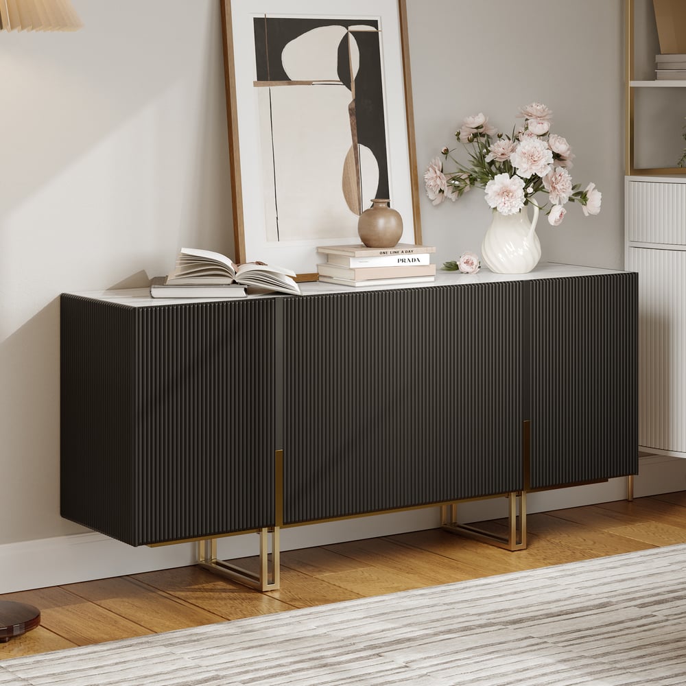 Grovyn 1600mm Buffet Sideboard Sintered Stone Top Black Fluted with Adjustable Shelves window image