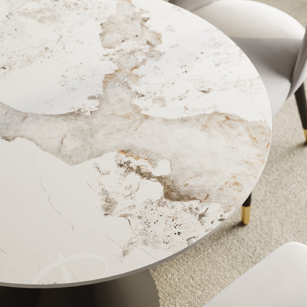 Table à manger ronde en pierre frittée de 1000 mm avec base noire brossée pouvant accueillir 2 à 4 personnes image de fenêtre