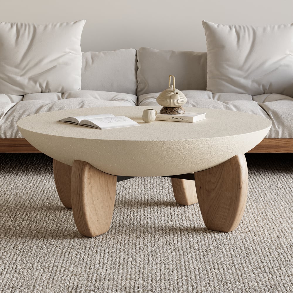 Curva Round Concrete Natural Coffee Table with Wood Legs window image