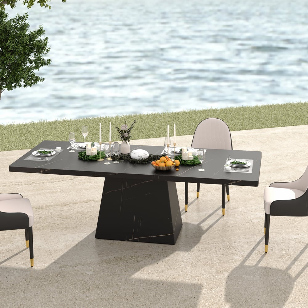 79" Modern Rectangular Faux Travertine Dining Table, Indoor/Outdoor, Seats 6-8 window image