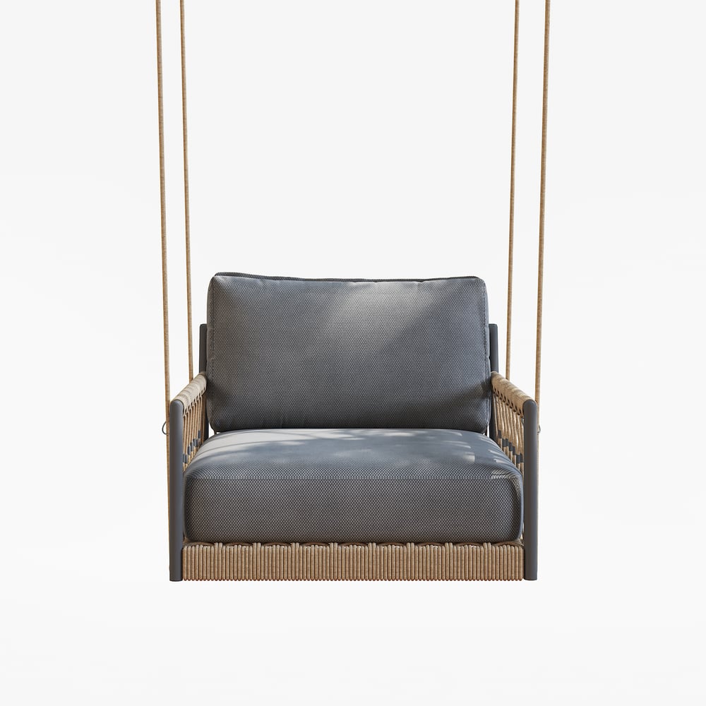 Ropipe Outdoor 1-Seater Swing Sofa in Khaki with Hand Woven Rope & Gray Cushion window image