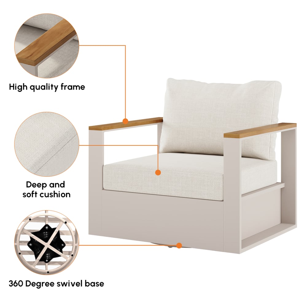 Axis Outdoor Warm White Teak & Aluminum Swivel Chair with Cushion window image