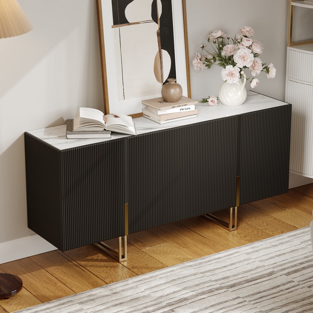 Grovyn 1600mm Buffet Sideboard Sintered Stone Top Black Fluted with Adjustable Shelves window image