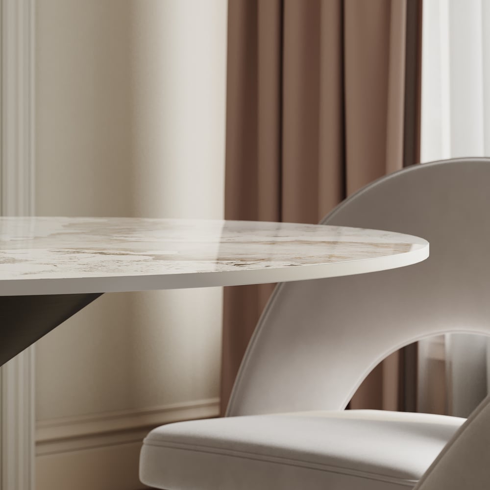 Table à manger ronde en pierre frittée de 1000 mm avec base noire brossée pouvant accueillir 2 à 4 personnes image de fenêtre