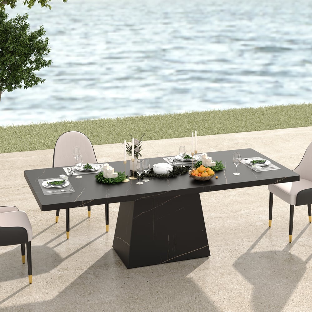 79" Modern Rectangular Faux Travertine Dining Table, Indoor/Outdoor, Seats 6-8 window image