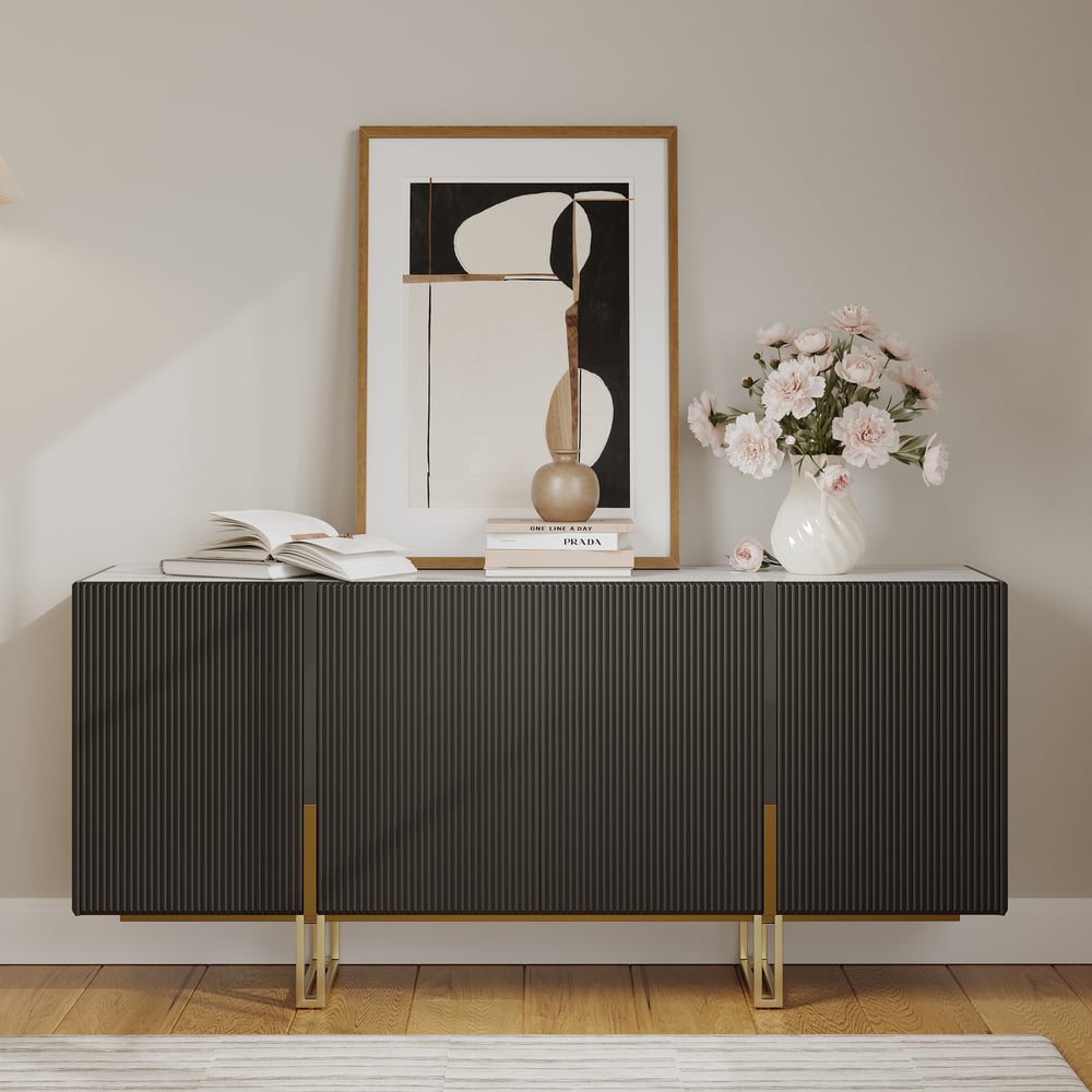 Grovyn 1600mm Buffet Sideboard Sintered Stone Top Black Fluted with Adjustable Shelves window image