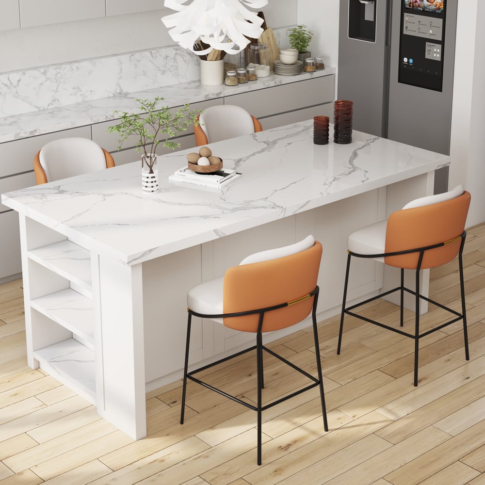 Banqueta de café da manhã moderna em couro PU laranja com encosto e apoio para os pés Imagem da janela