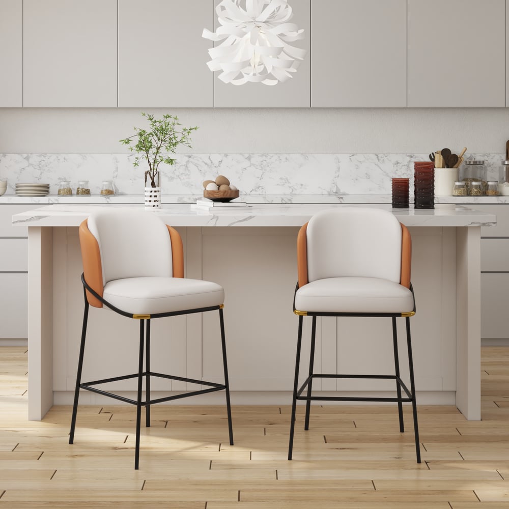 Banqueta de café da manhã moderna em couro PU laranja com encosto e apoio para os pés Imagem da janela