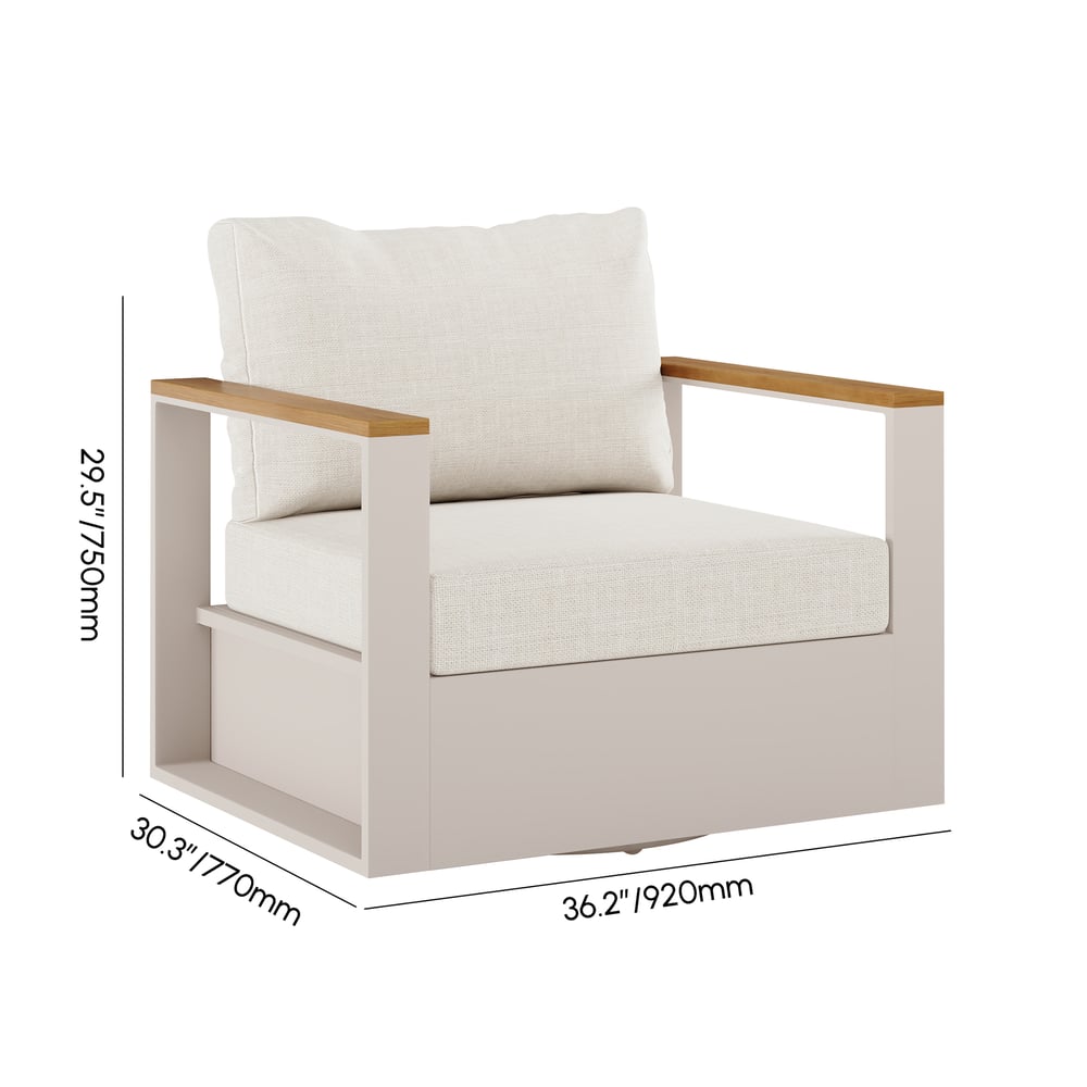 Axis Outdoor Warm White Teak & Aluminum Swivel Chair with Cushion weights dimensions image