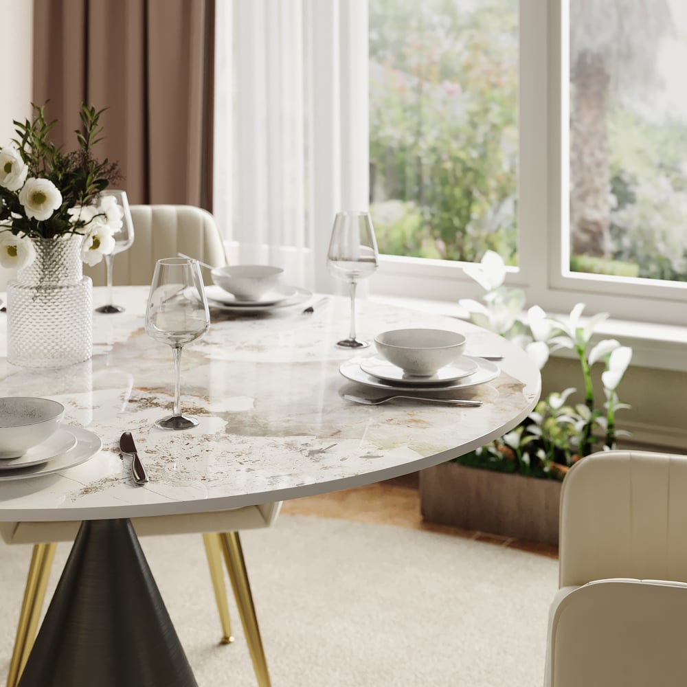 Table à manger ronde en pierre frittée de 1000 mm avec base noire brossée pouvant accueillir 2 à 4 personnes image de fenêtre