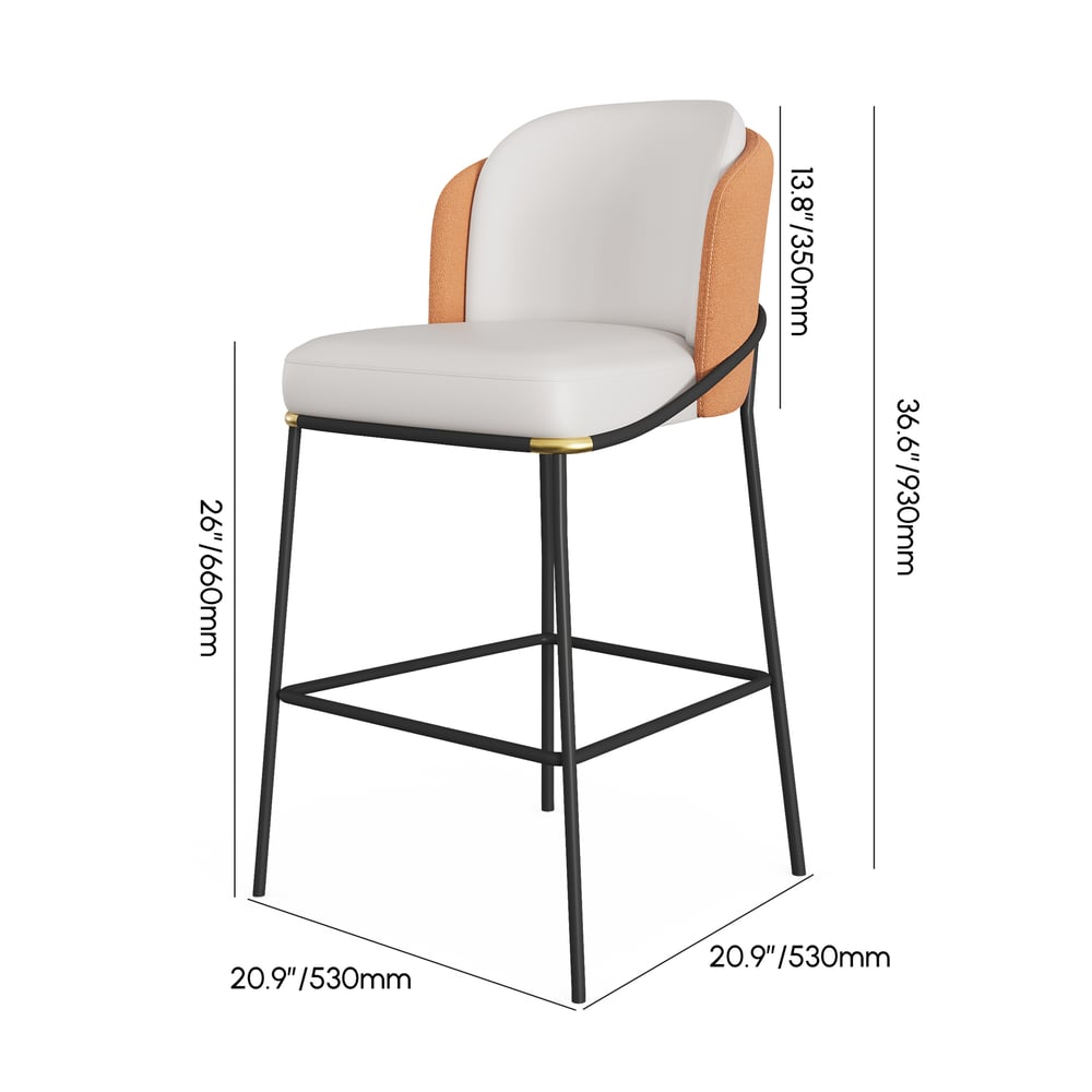 Banqueta de café da manhã moderna em couro PU laranja com encosto e apoio para os pés Imagem com pesos e dimensões