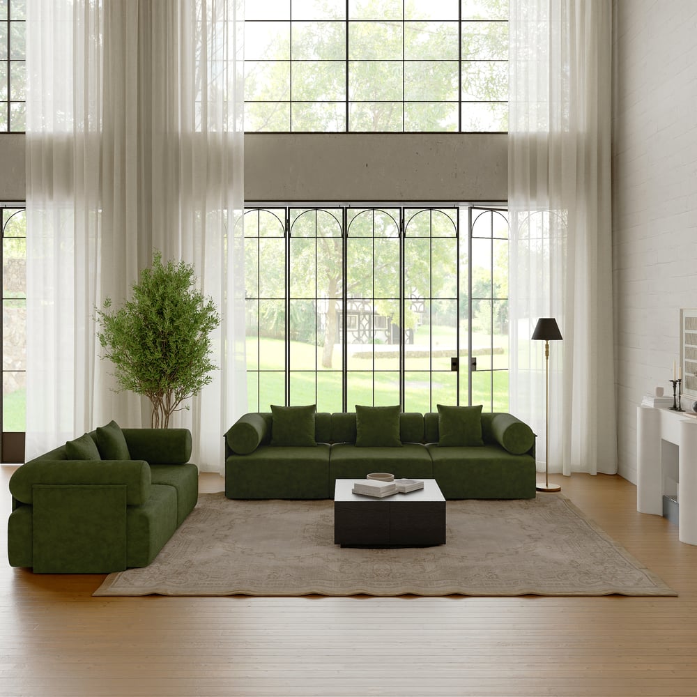 Serene 1900 Modern 2-Piece Modular Green Chenille Velvet 2-Seater Sofa window image