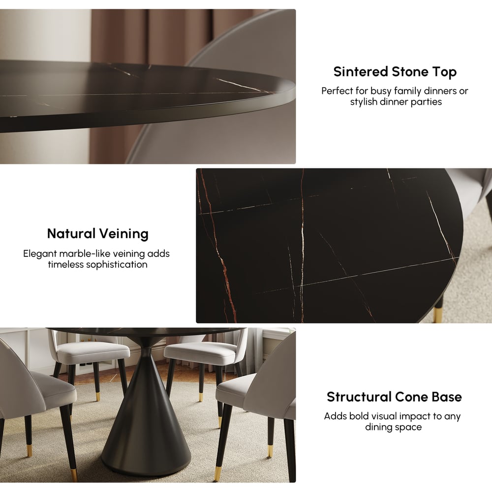 1000mm Sintered Stone Round Dining Table with Brushed Black Base Seats 2-4 People window image