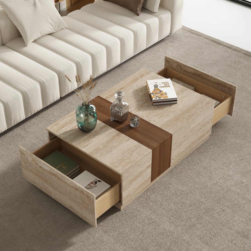 Vewal 1200mm Travertine Veneer Block Coffee Table with 2 Drawers window image