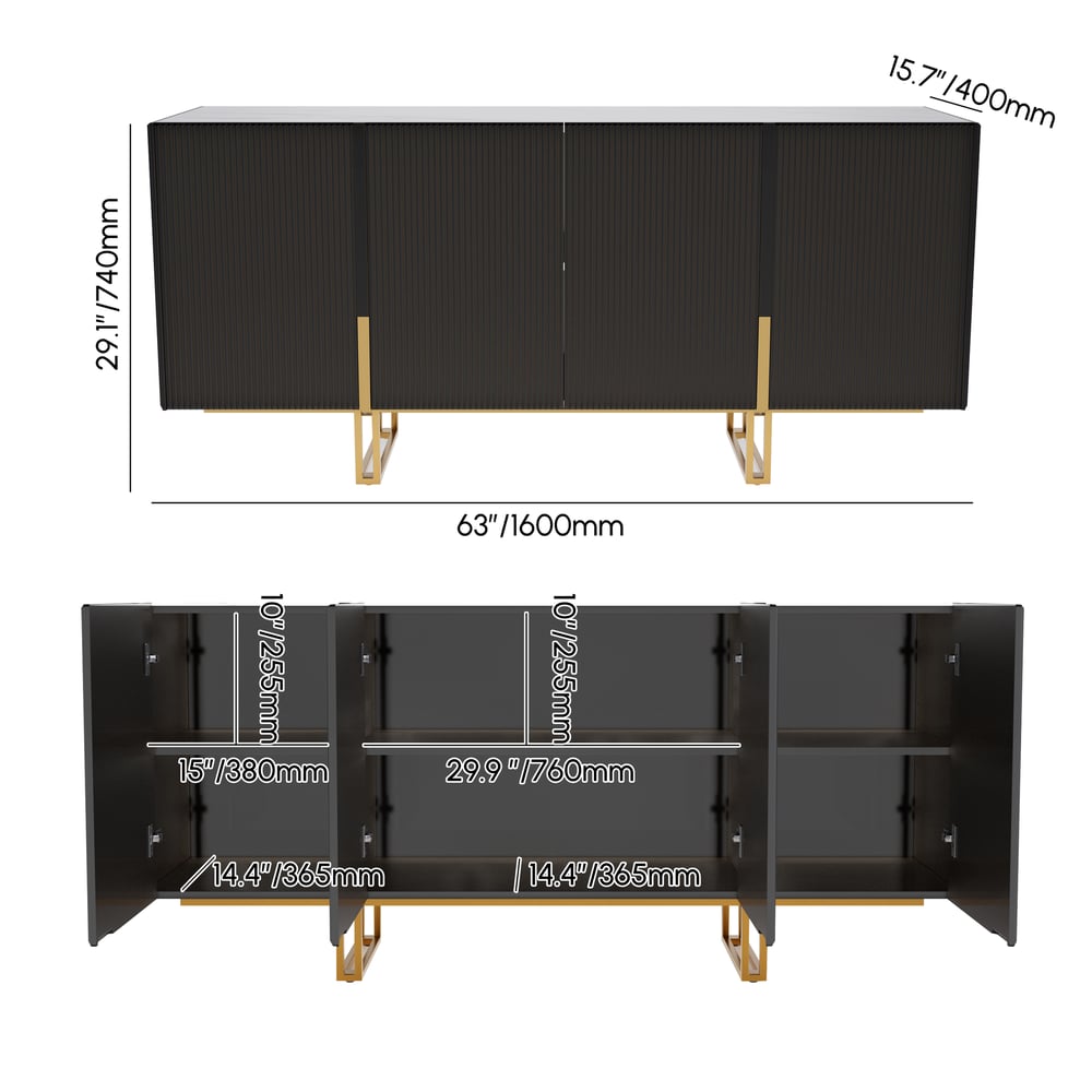 Grovyn 1600mm Buffet Sideboard Sintered Stone Top Black Fluted with Adjustable Shelves weights dimensions image