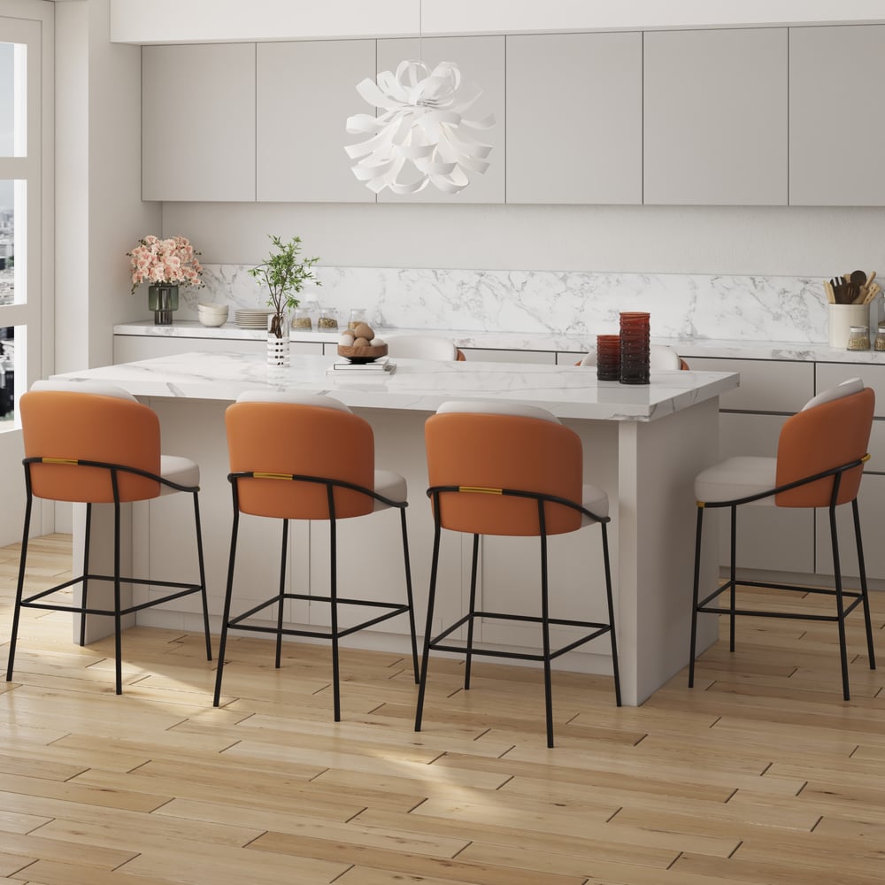 Banqueta de café da manhã moderna em couro PU laranja com encosto e apoio para os pés Imagem da janela