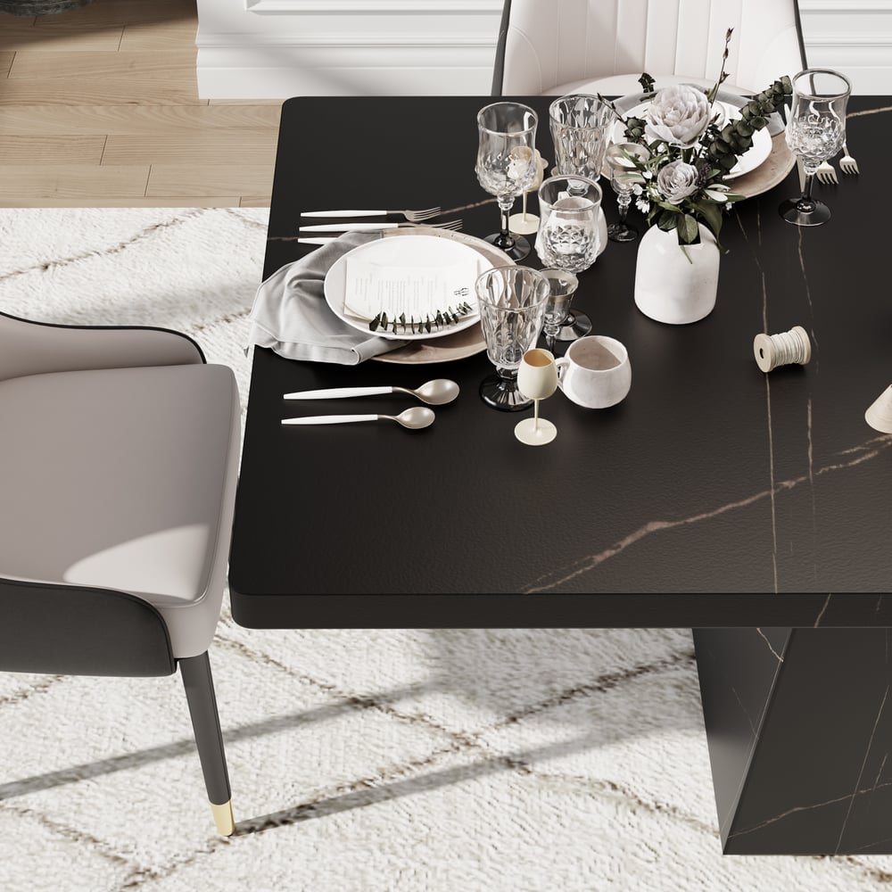 79" Modern Rectangular Faux Travertine Dining Table, Indoor/Outdoor, Seats 6-8 window image