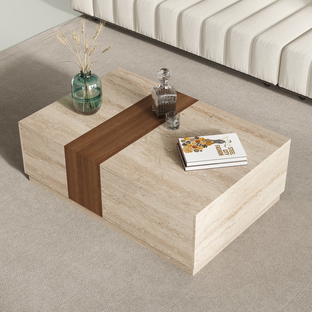 Vewal 1200mm Travertine Veneer Block Coffee Table with 2 Drawers window image