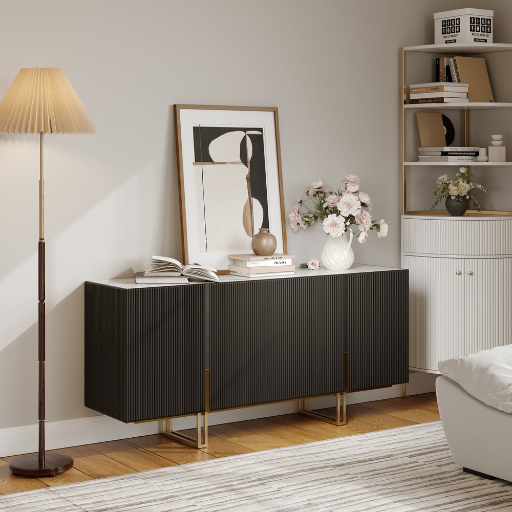 Grovyn 1600mm Buffet Sideboard Sintered Stone Top Black Fluted with Adjustable Shelves window image