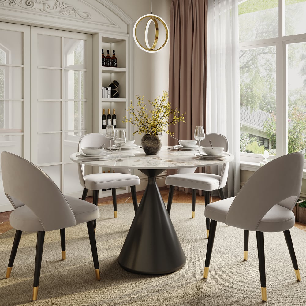 Table à manger ronde en pierre frittée de 1000 mm avec base noire brossée pouvant accueillir 2 à 4 personnes image de fenêtre