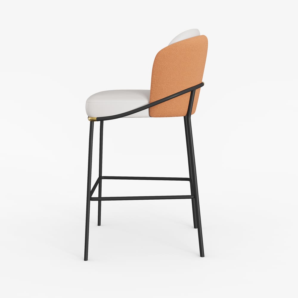 Banqueta de café da manhã moderna em couro PU laranja com encosto e apoio para os pés Imagem da janela