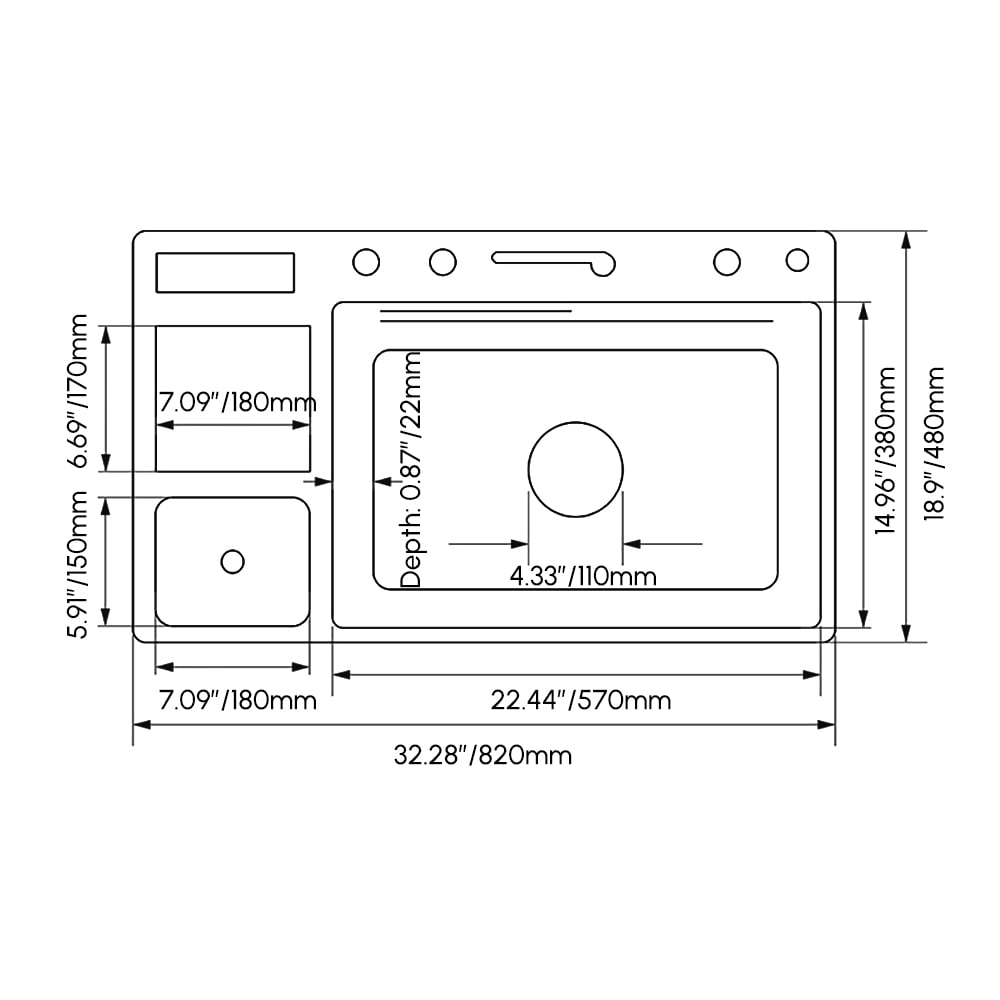 Multi-Function Stainless Steel Kitchen Sink 32.3" × 18.9" with Pull-Out Faucet weights dimensions image