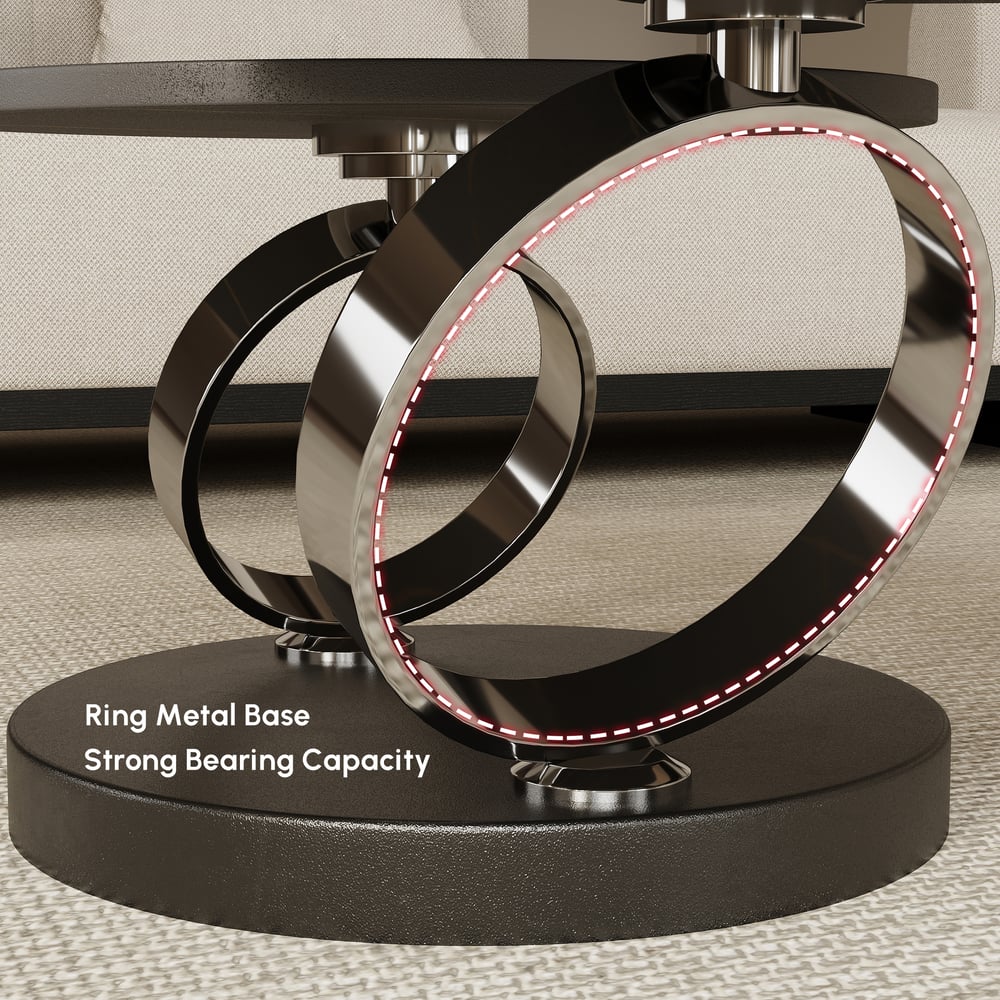 Černý rozkládací konferenční stolek s kovovým podstavcem ve tvaru prstence obrázek okna