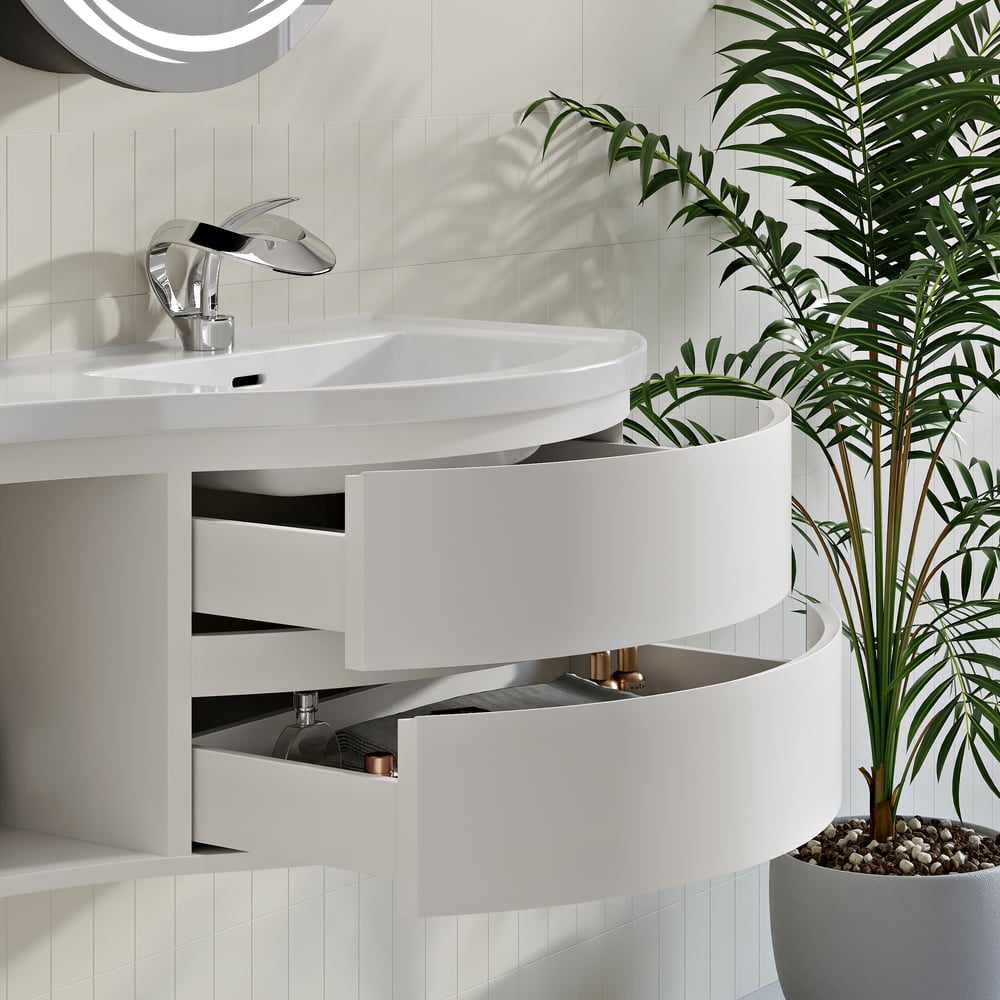 Mobile da bagno curvo galleggiante da 900 mm in mobile da bagno con lavandino singolo con offset destro bianco Immagine della finestra