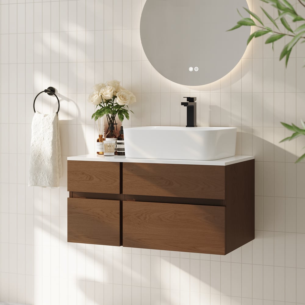31.5" Bathroom Vanity Set Walnut Modern Floating Bathroom Vanity with Sink window image