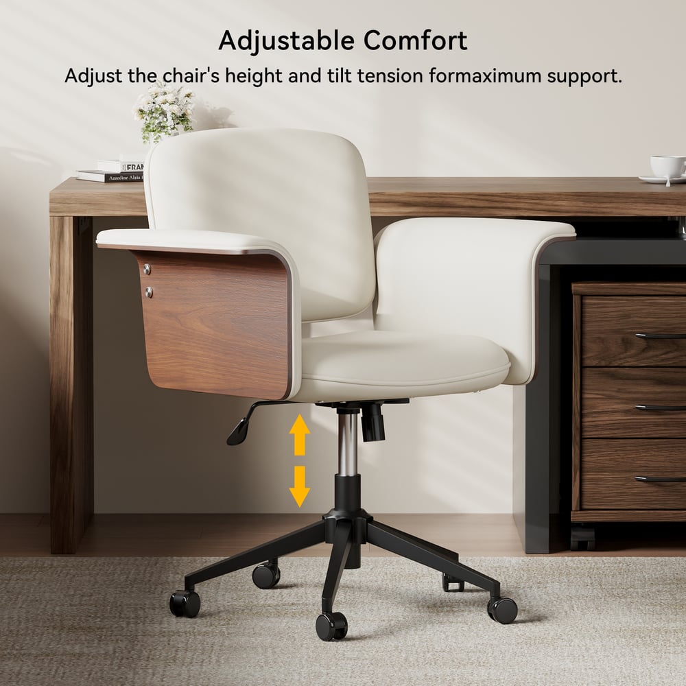 Wood & Faux Leather Office Chair - Ergonomic Adjustable Swivel (Warm White) window image