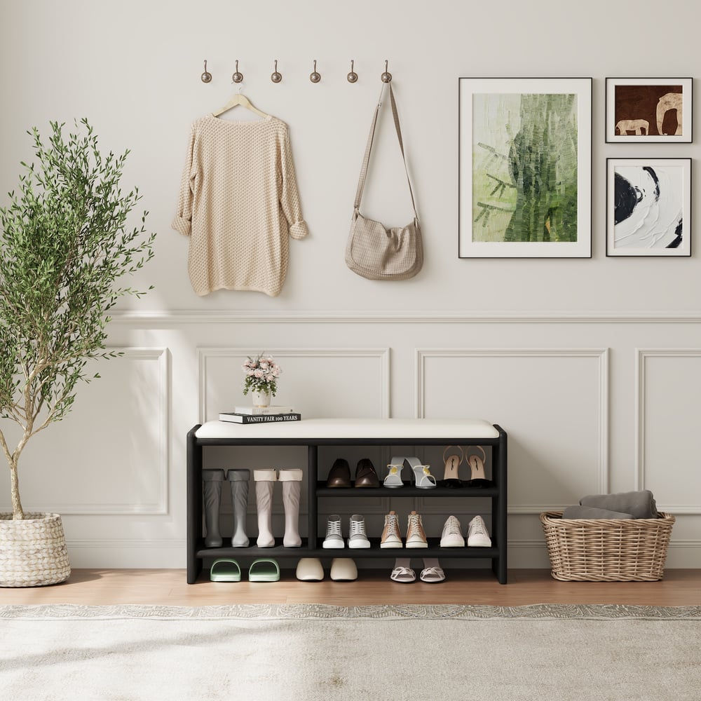 1010mm Wood Shoe Storage Entryway Bench Leather Upholstered window image