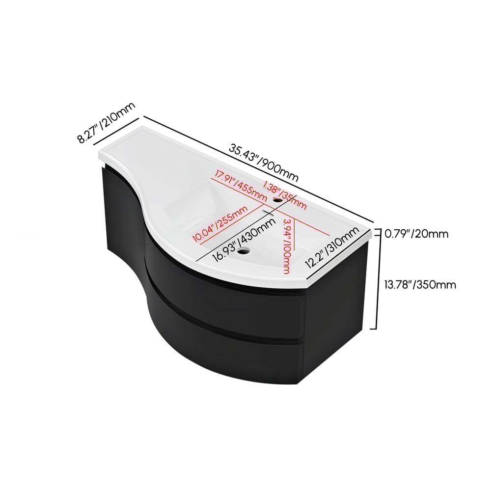 Floating Curved Bathroom Vanity in Black & Round LED Medicine Cabinet Set Right Offset weights dimensions image