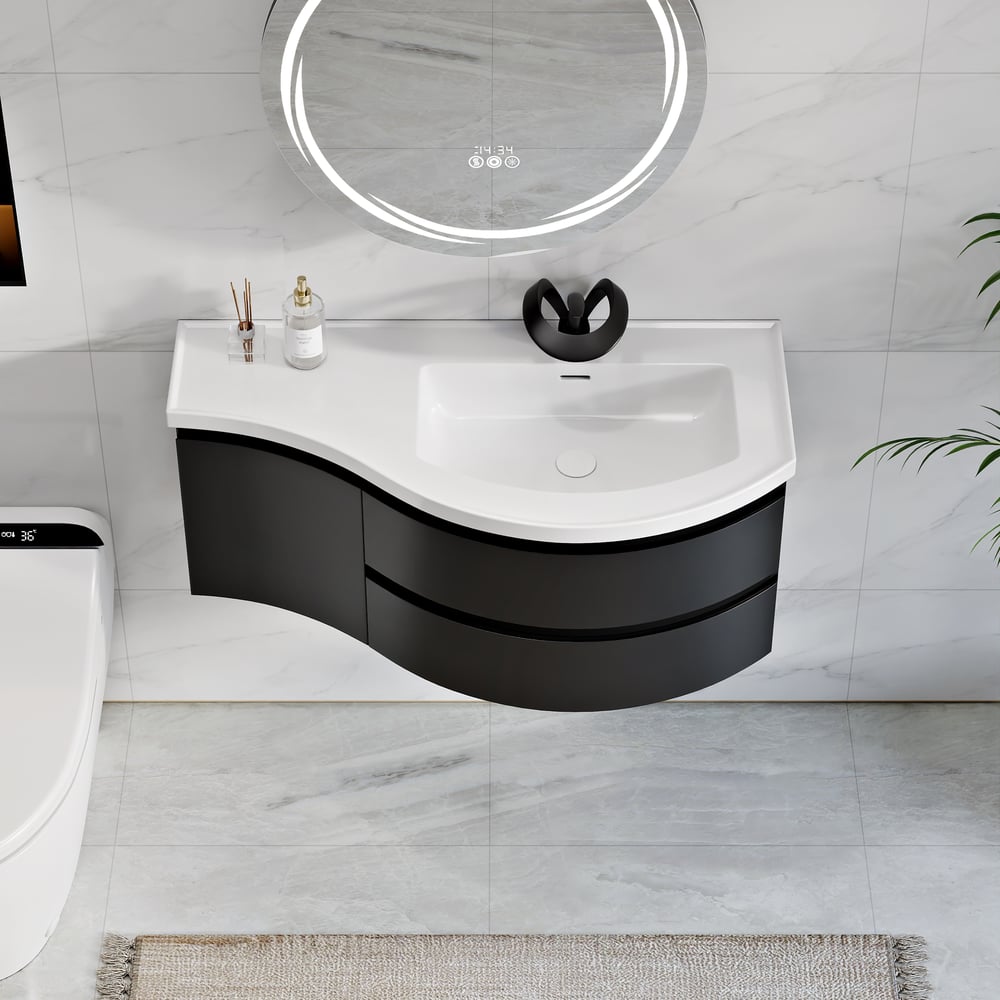 900mm Floating Curved Bathroom Vanity in Black Right Offset Single Sink Bathroom Cabinet window image