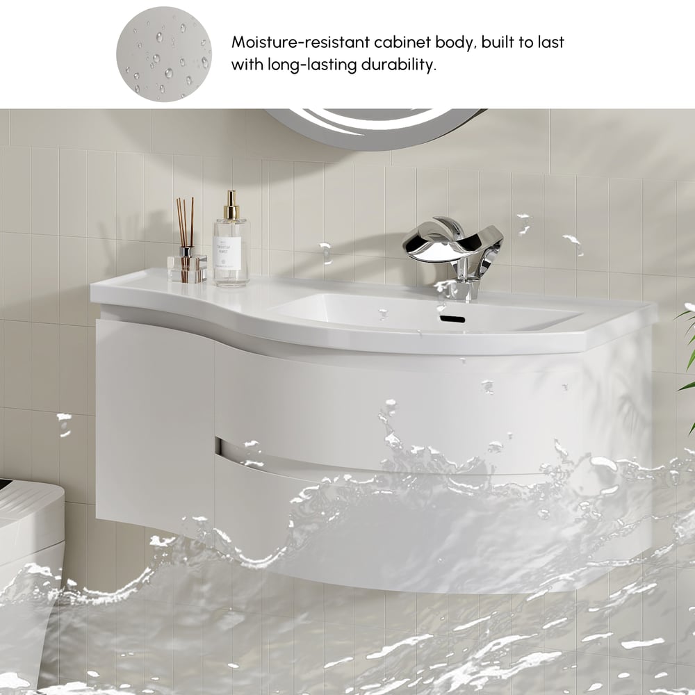 Mobile da bagno curvo galleggiante da 900 mm in mobile da bagno con lavandino singolo con offset destro bianco Immagine della finestra