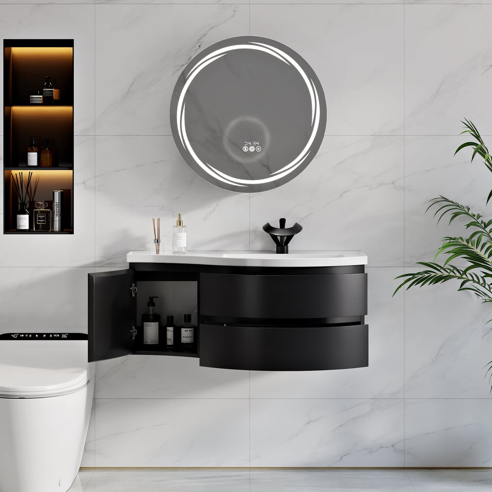Floating Curved Bathroom Vanity in Black & Round LED Medicine Cabinet Set Right Offset window image