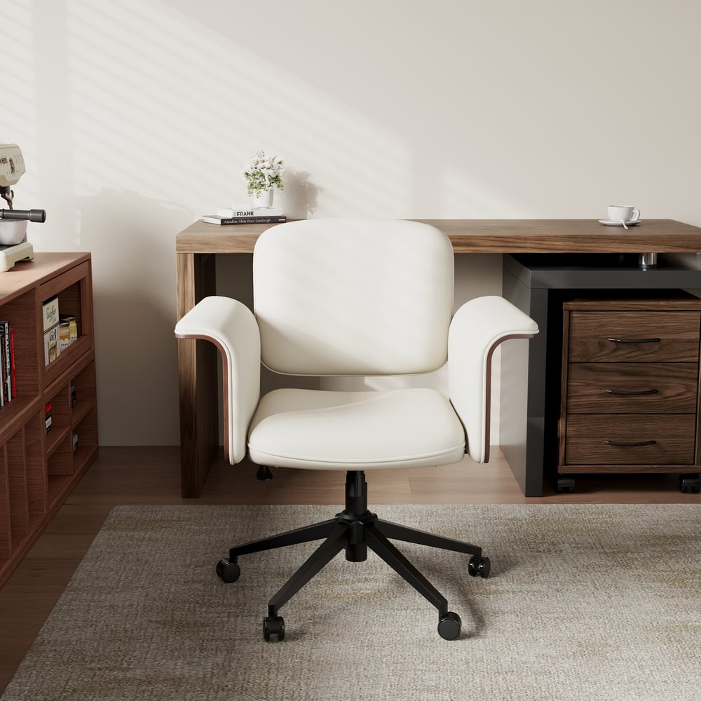 Wood & Faux Leather Office Chair - Ergonomic Adjustable Swivel (Warm White) window image