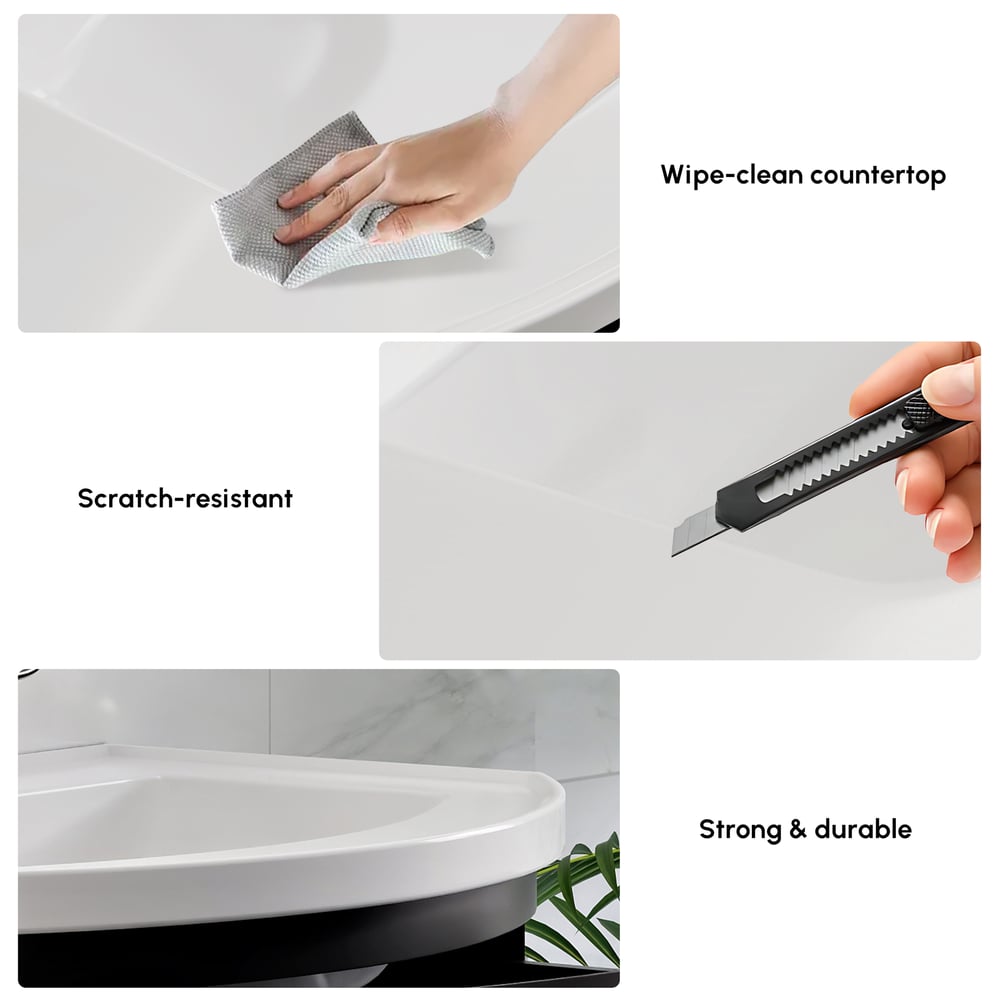 Floating Curved Bathroom Vanity in Black & Round LED Medicine Cabinet Set Right Offset window image