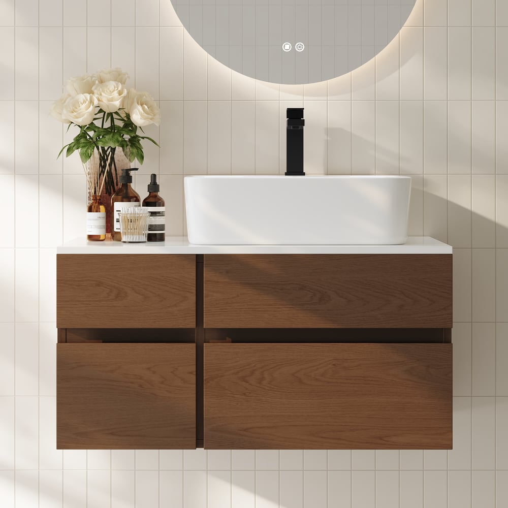 31.5" Bathroom Vanity Set Walnut Modern Floating Bathroom Vanity with Sink window image